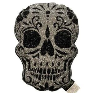 TJ MAXX Sparkles Home Beaded Skull Head Halloween Pillow black & silver NWT